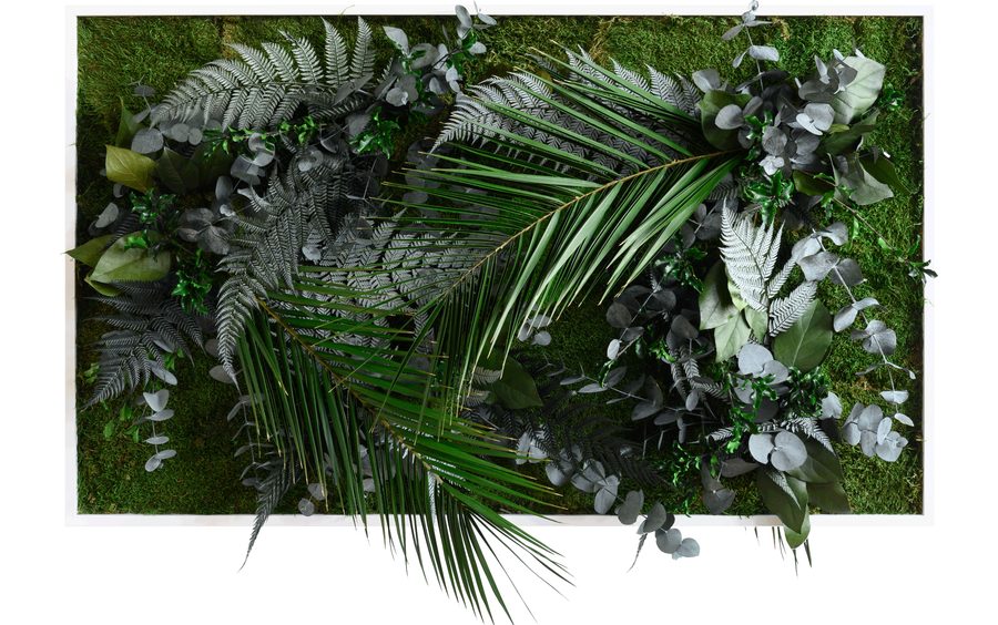 Pflanzenbild im Dschungeldesign 100 × 60 cm mit Palmwedel, Farnen und Eukalyptus im weißen Rahmen
